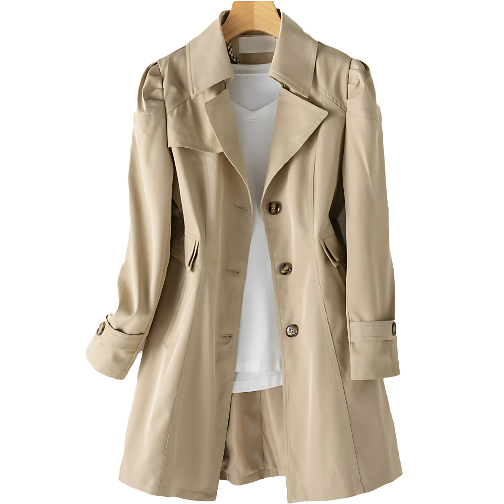 Lily | Beige Tab-Cuff Trench Coat, Single-Breasted Woven Overcoat