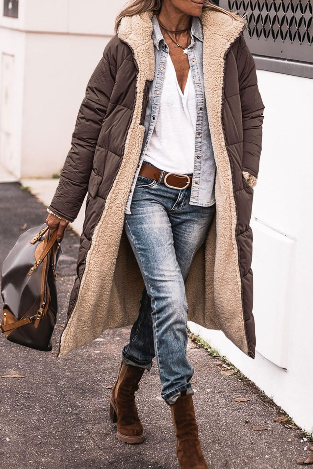 Emma | Brown Reversible Longline Teddy Coat