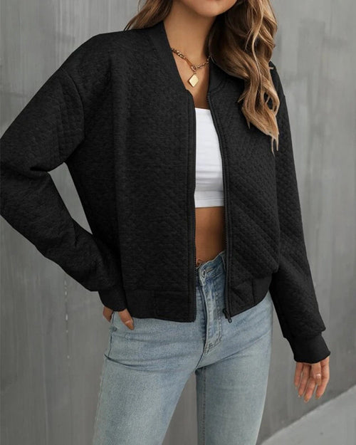 Ava | Black Quilted Ribbed-Collar Jacket