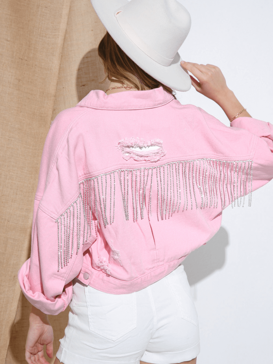 Emma | White Rhinestone-Fringe Cropped Denim Jacket, Distressed Oversized Trucker