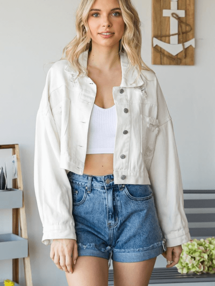 Emma | White Rhinestone-Fringe Cropped Denim Jacket, Distressed Oversized Trucker