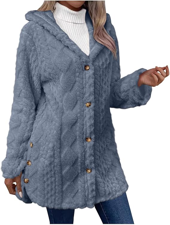 Lily | Blue Faux Fur Hooded Button-Up Jacket