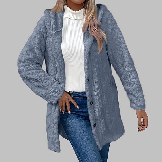 Lily | Blue Faux Fur Hooded Button-Up Jacket