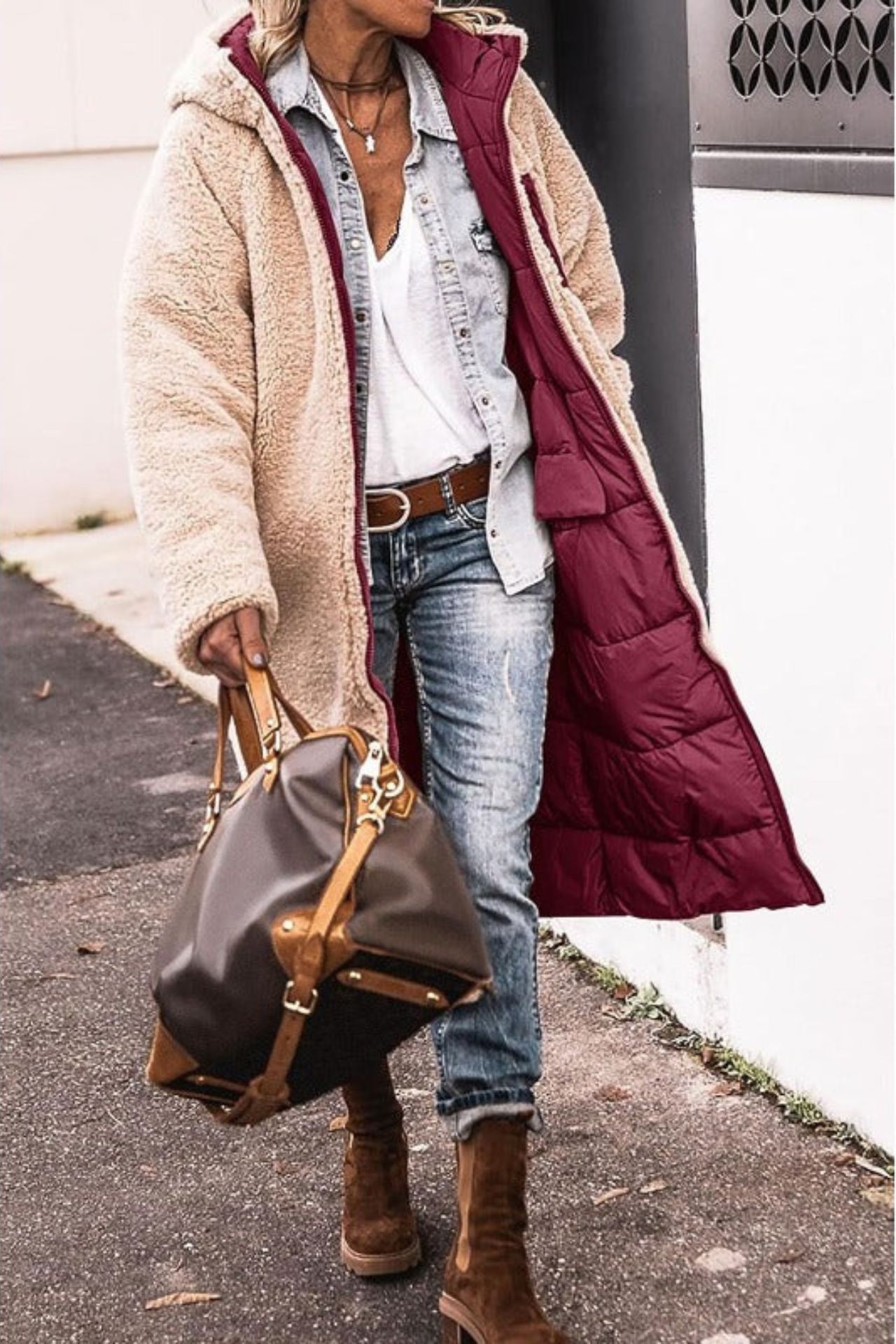 Emma | Brown Reversible Longline Teddy Coat