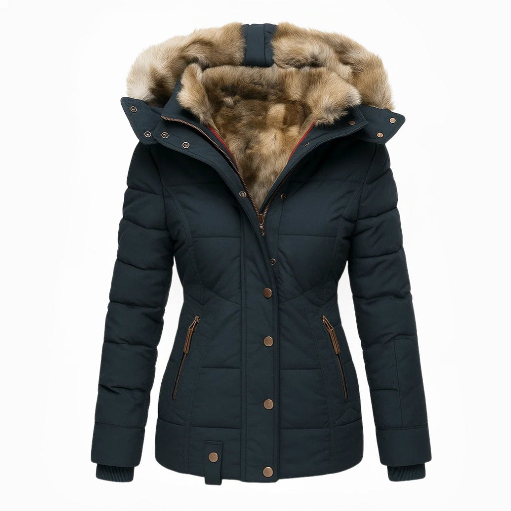 Ella | Navy Padded Faux Fur-Lined Hooded Coat