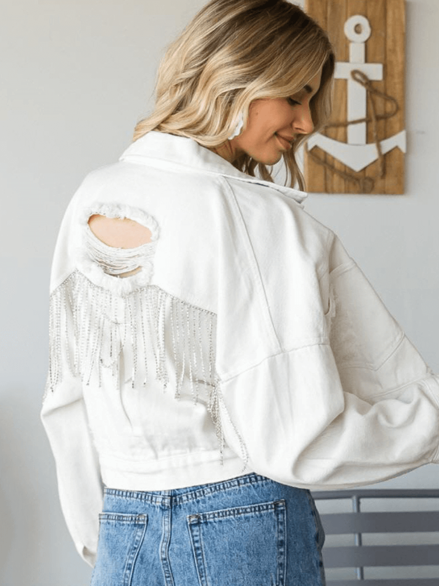 Emma | White Rhinestone-Fringe Cropped Denim Jacket, Distressed Oversized Trucker