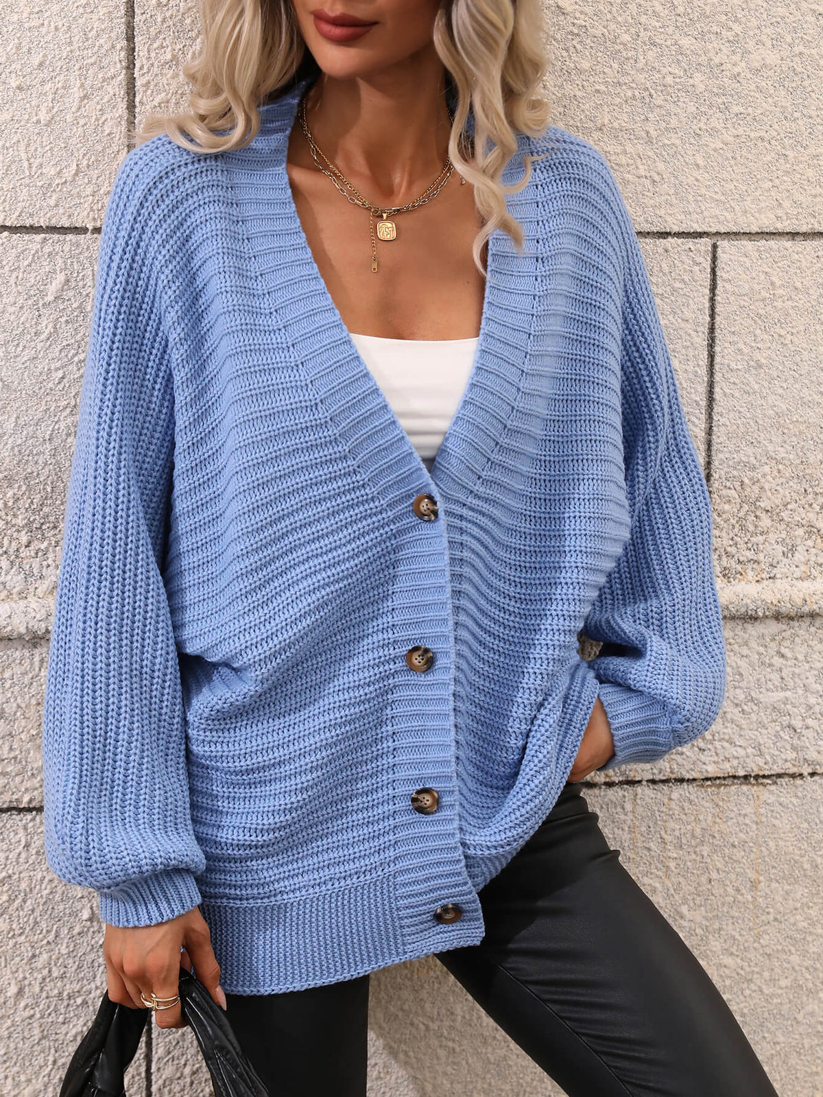 Lily | Blue Oversized Rib-Knit Cardigan, V-Neck Batwing Knit Jacket