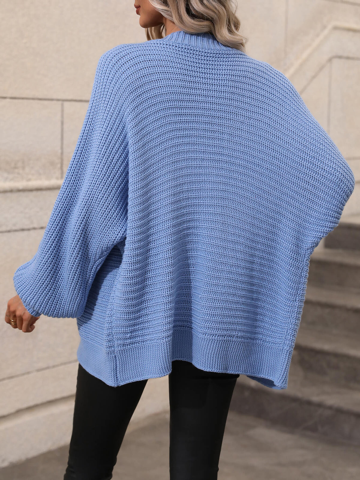 Lily | Blue Oversized Rib-Knit Cardigan, V-Neck Batwing Knit Jacket