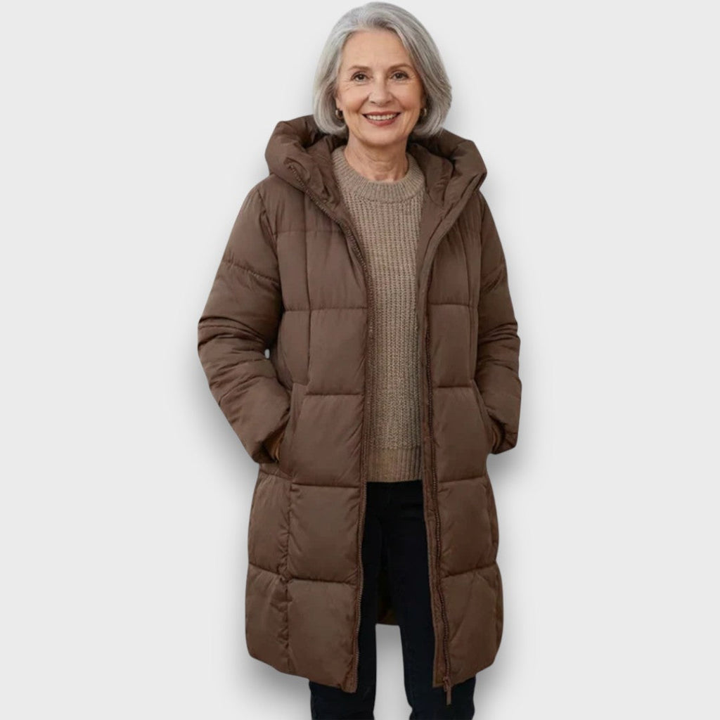 Grace | Brown Quilted Hooded Longline Coat