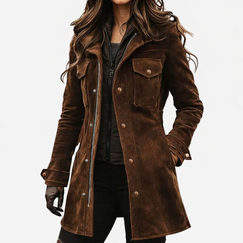 Lily | Brown Faux Suede Utility Jacket, Zip and Snap-Front Mid-Thigh Coat
