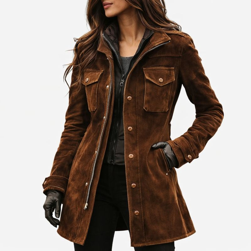 Lily | Brown Faux Suede Utility Jacket, Zip and Snap-Front Mid-Thigh Coat