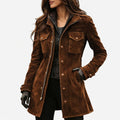 Lily | Brown Faux Suede Utility Jacket, Zip and Snap-Front Mid-Thigh Coat