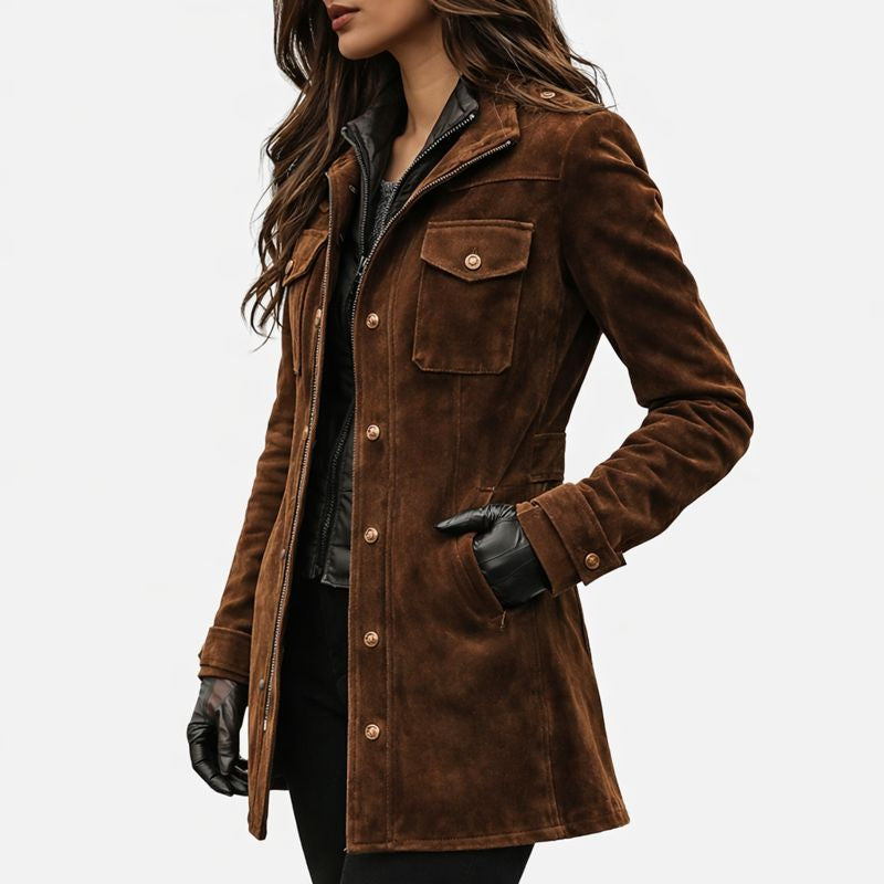 Lily | Brown Faux Suede Utility Jacket, Zip and Snap-Front Mid-Thigh Coat