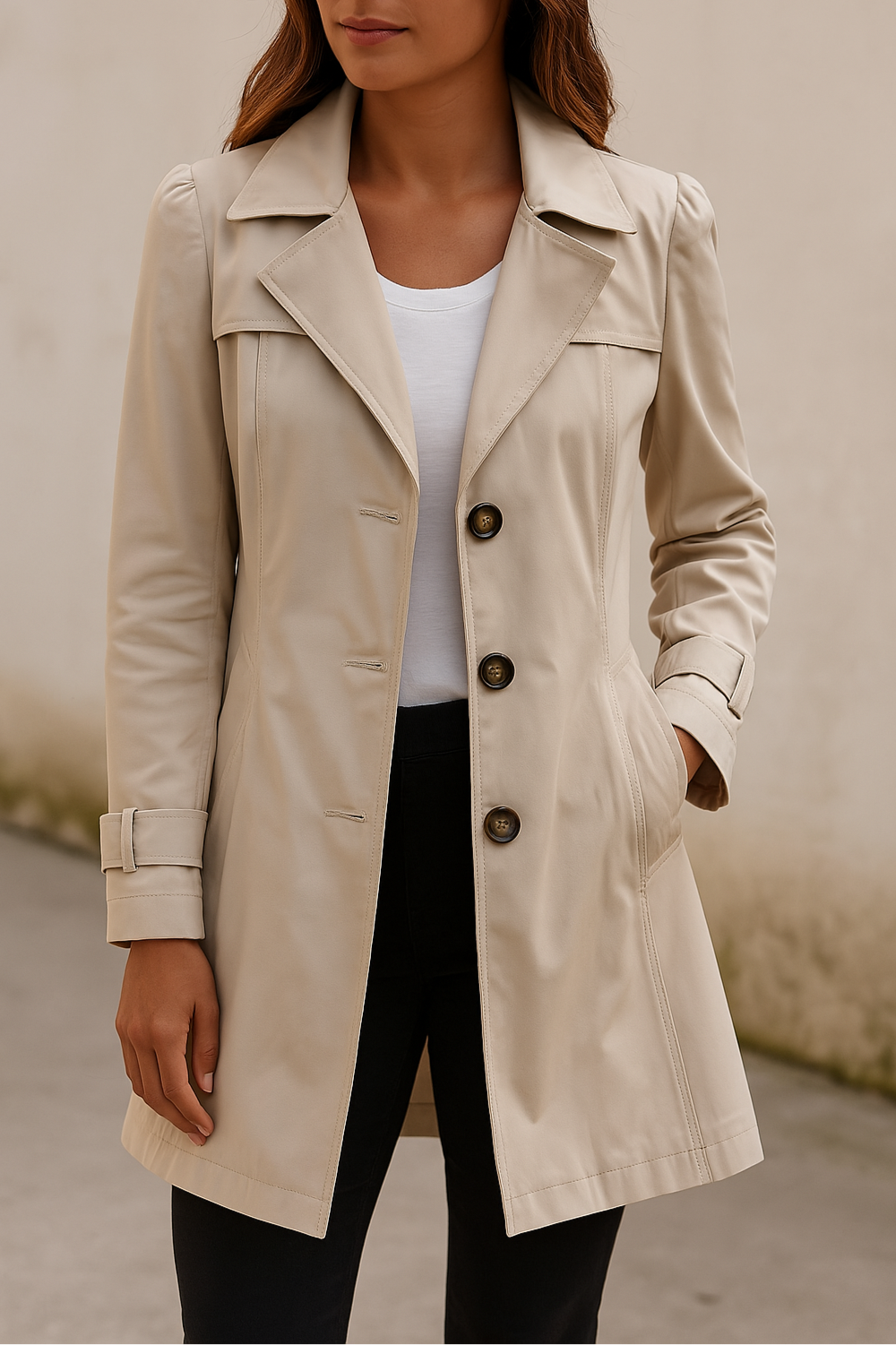 Lily | Beige Tab-Cuff Trench Coat, Single-Breasted Woven Overcoat