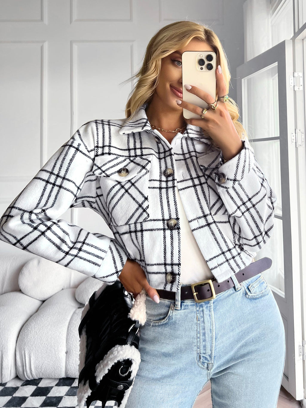 HONEYCOMB PLAID SHACKET - CREAM