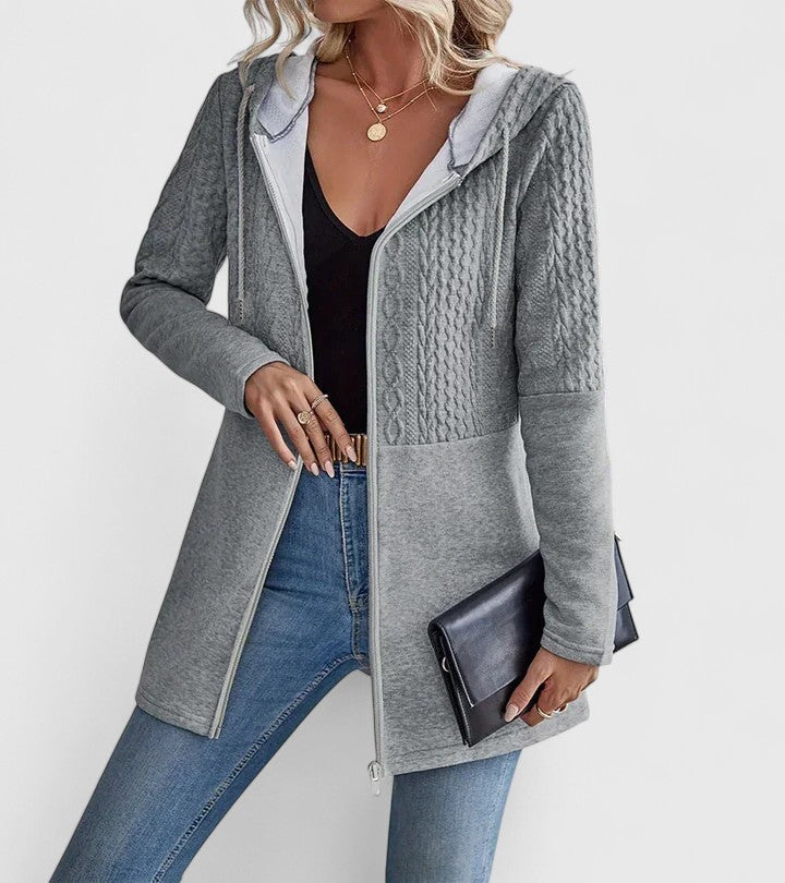 Emma | Grey Cable-Knit Panel Hooded Jacket, Zip-Up Longline Knit Coat