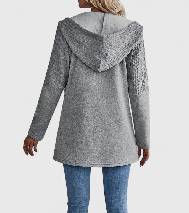 Emma | Grey Cable-Knit Panel Hooded Jacket, Zip-Up Longline Knit Coat
