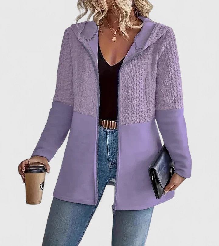 Emma | Grey Cable-Knit Panel Hooded Jacket, Zip-Up Longline Knit Coat