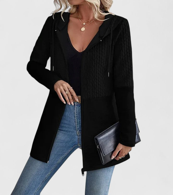 Emma | Grey Cable-Knit Panel Hooded Jacket, Zip-Up Longline Knit Coat