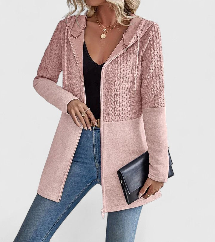 Emma | Grey Cable-Knit Panel Hooded Jacket, Zip-Up Longline Knit Coat