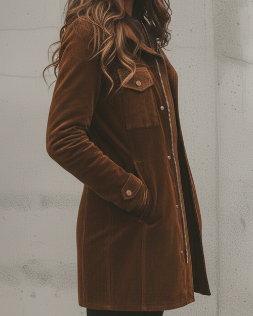 Clara | Brown Faux Suede Snap-Front Utility Coat, Point-Collar Shirt Jacket