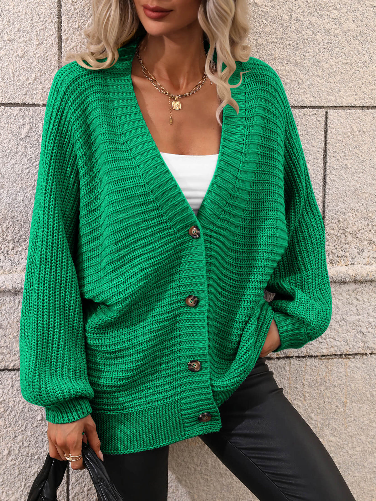 Lily | Green Oversized Chunky Knit Cardigan, Batwing-Sleeve Knit Jacket