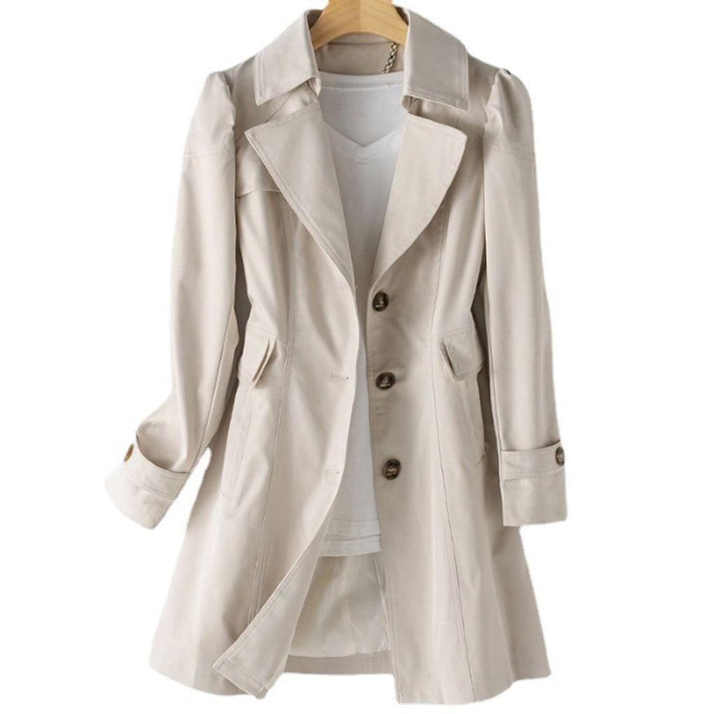 Lily | Beige Tab-Cuff Trench Coat, Single-Breasted Woven Overcoat