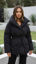 Women's Puffer Jacket | Belted High Neck Padded Jacket