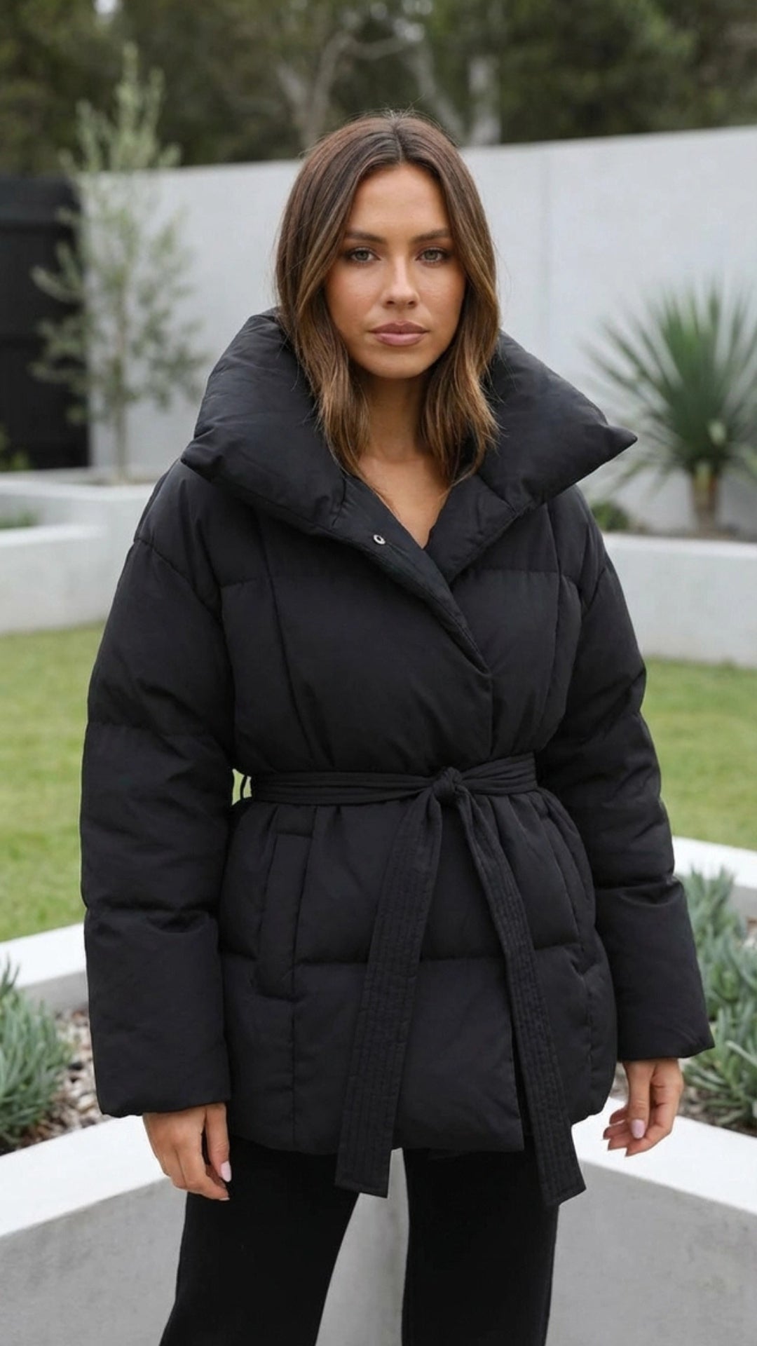 Women's Puffer Jacket | Belted High Neck Padded Jacket