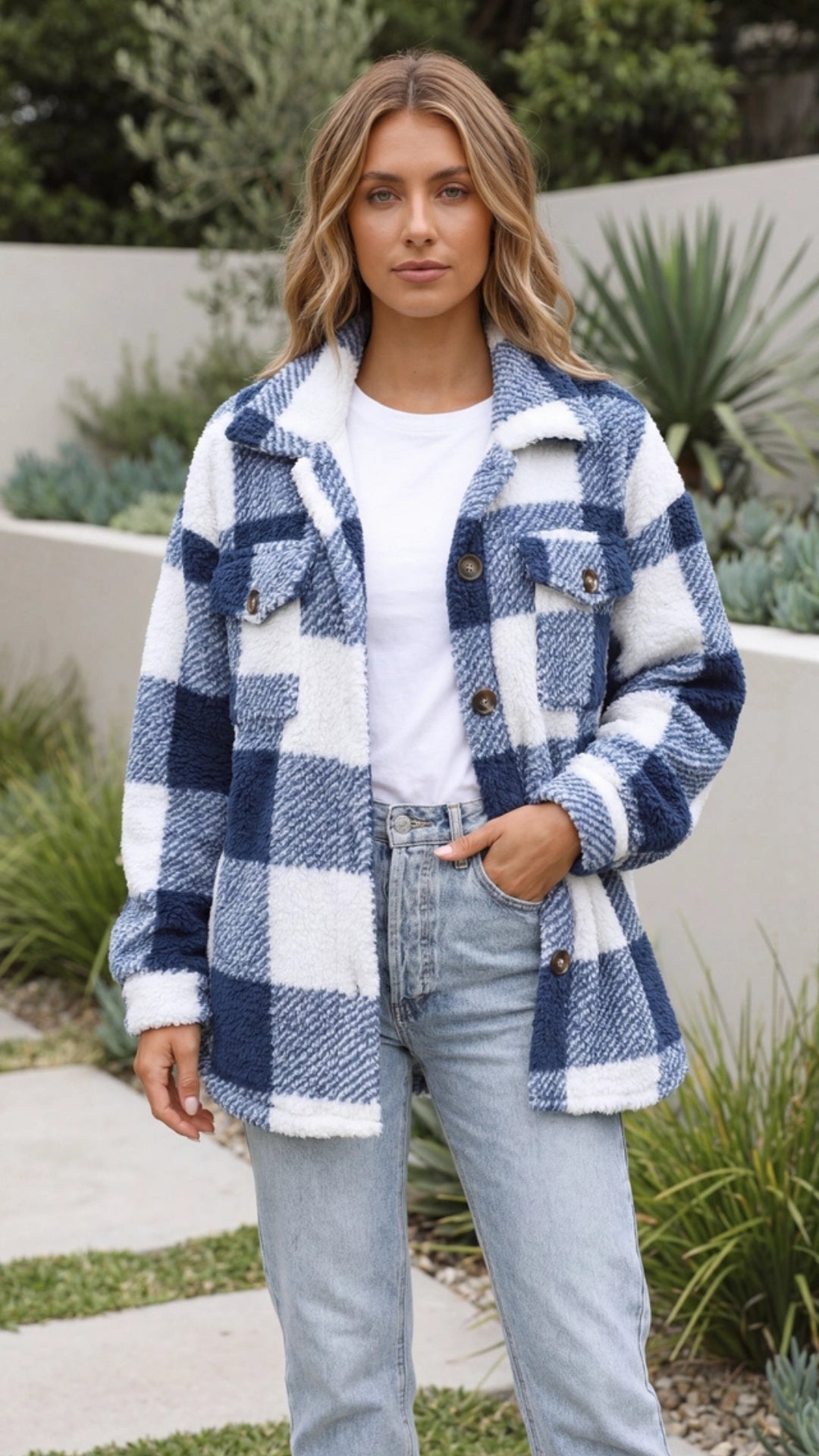 Ava | Blue Checked Teddy Jacket – Tundrelle