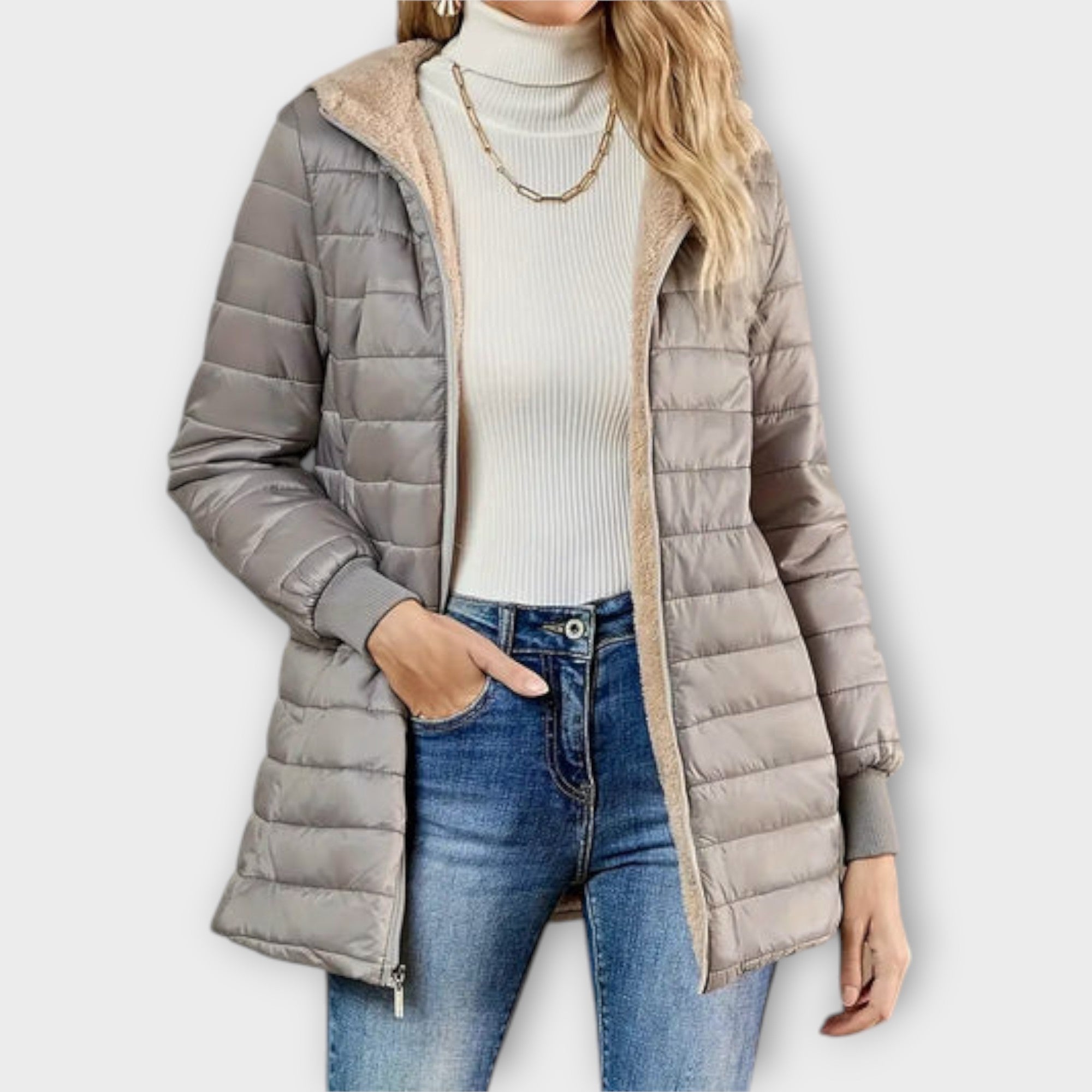 Ella | Grey Quilted Padded Straight-Cut Jacket