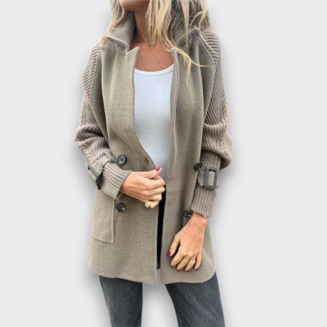Emma | Taupe Double-Breasted Knit Coat, Cable-Sleeve Notch-Lapel Cardigan