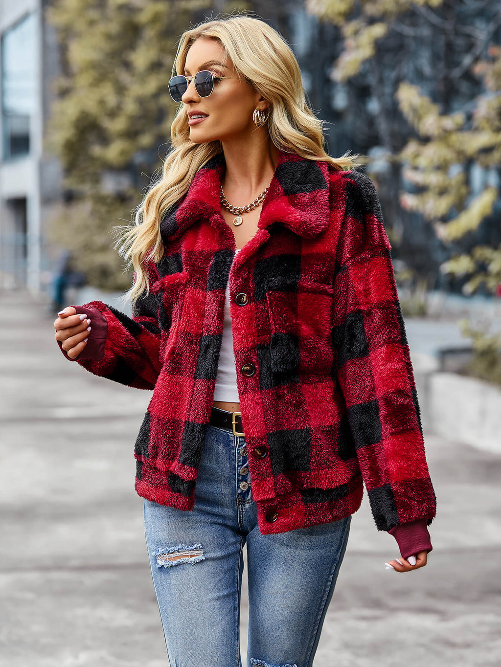 Grace | Red Collared Plaid Fleece Jacket