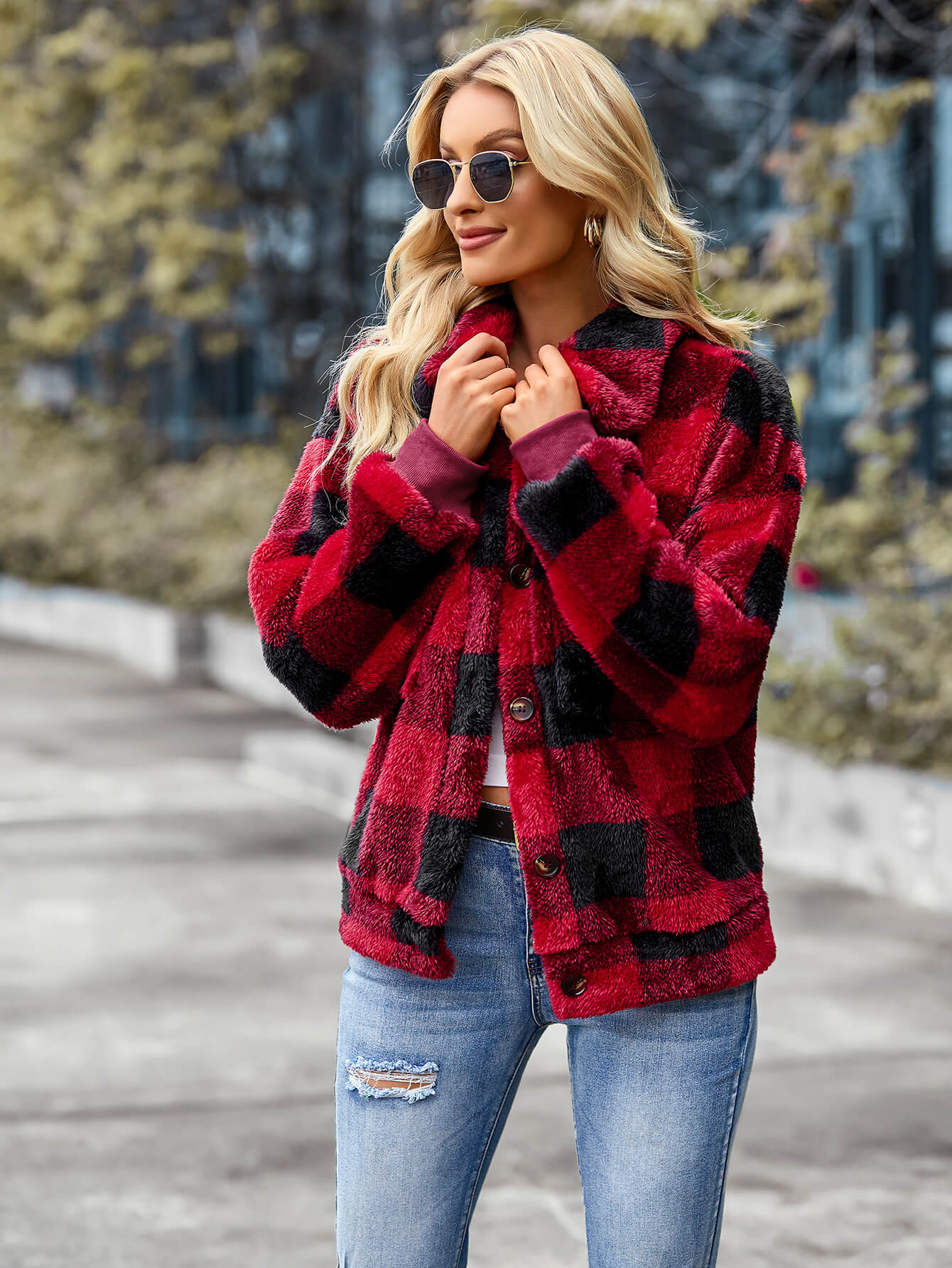 Grace | Red Collared Plaid Fleece Jacket