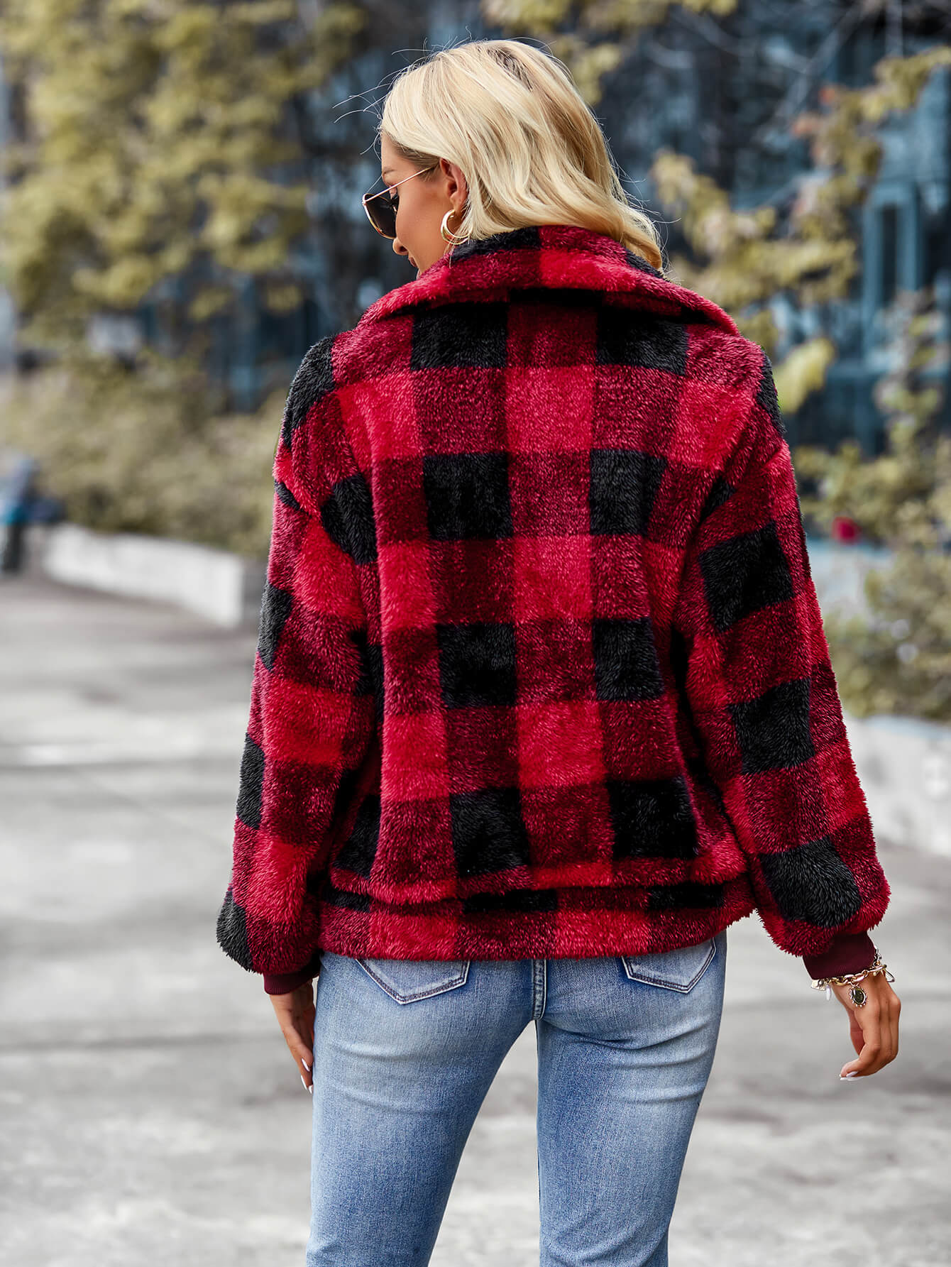 Grace | Red Collared Plaid Fleece Jacket