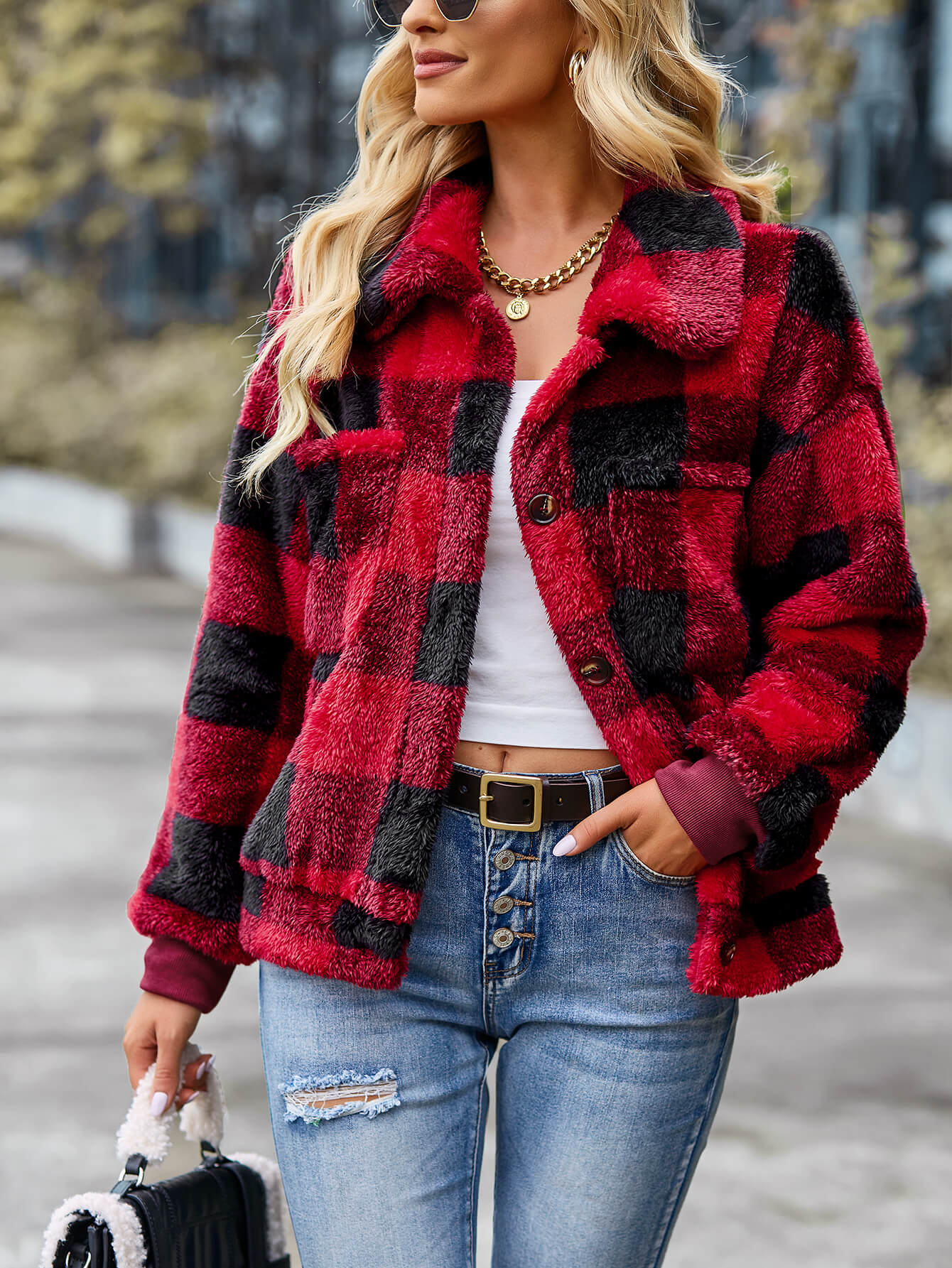 Grace | Red Collared Plaid Fleece Jacket