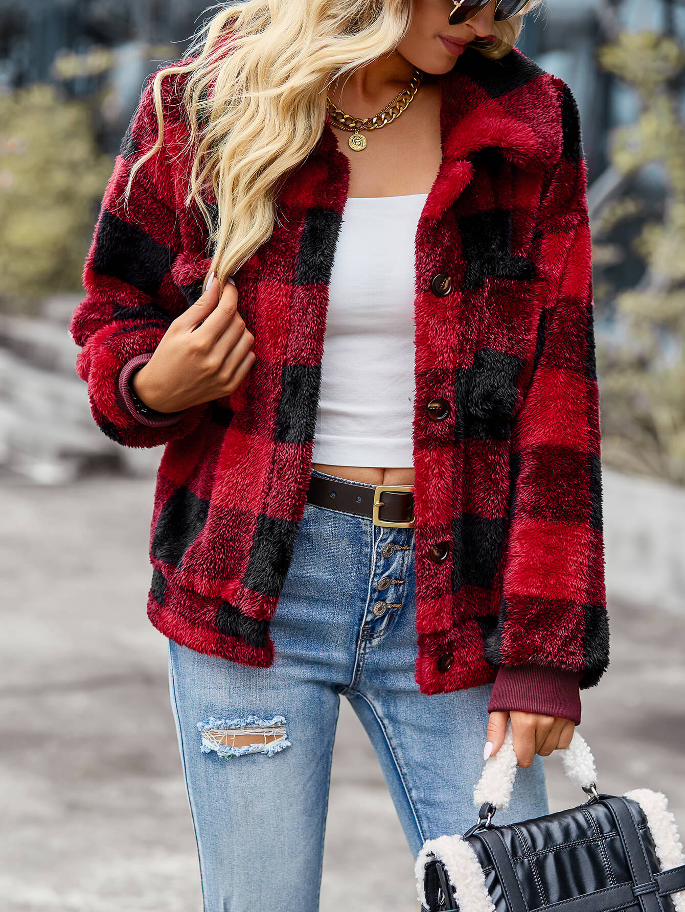 Grace | Red Collared Plaid Fleece Jacket
