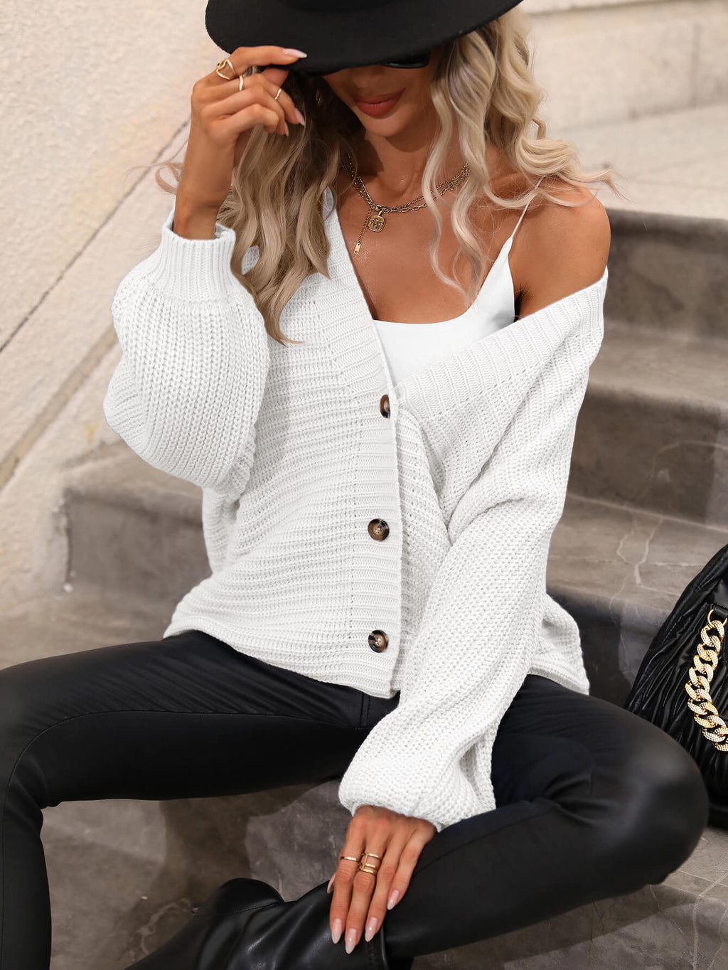 Lily | White Chunky Rib-Knit Button Cardigan, Oversized V-Neck Knit Jacket
