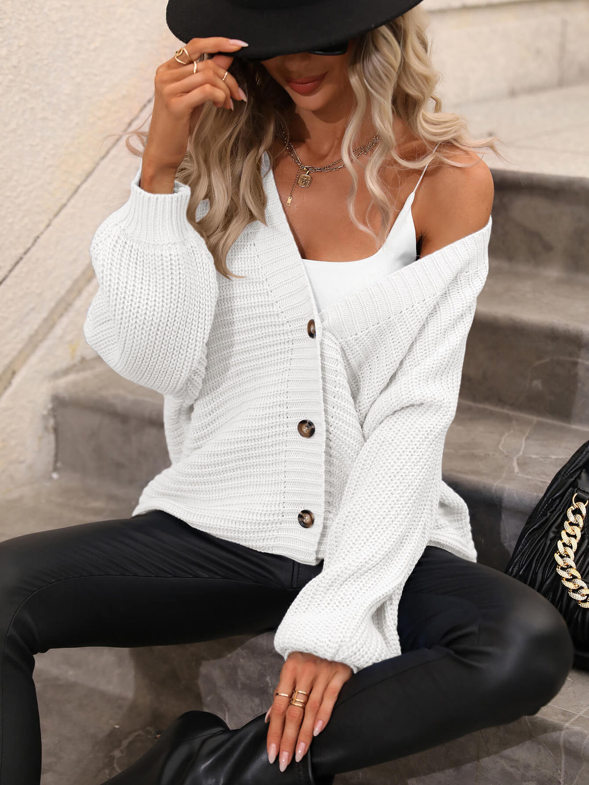 Lily | White Chunky Rib-Knit Button Cardigan, Oversized V-Neck Knit Jacket