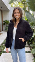 Ava | Black Quilted Ribbed High-Collar Jacket