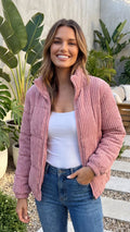 Ava | Pink Quilted Ribbed High-Collar Jacket