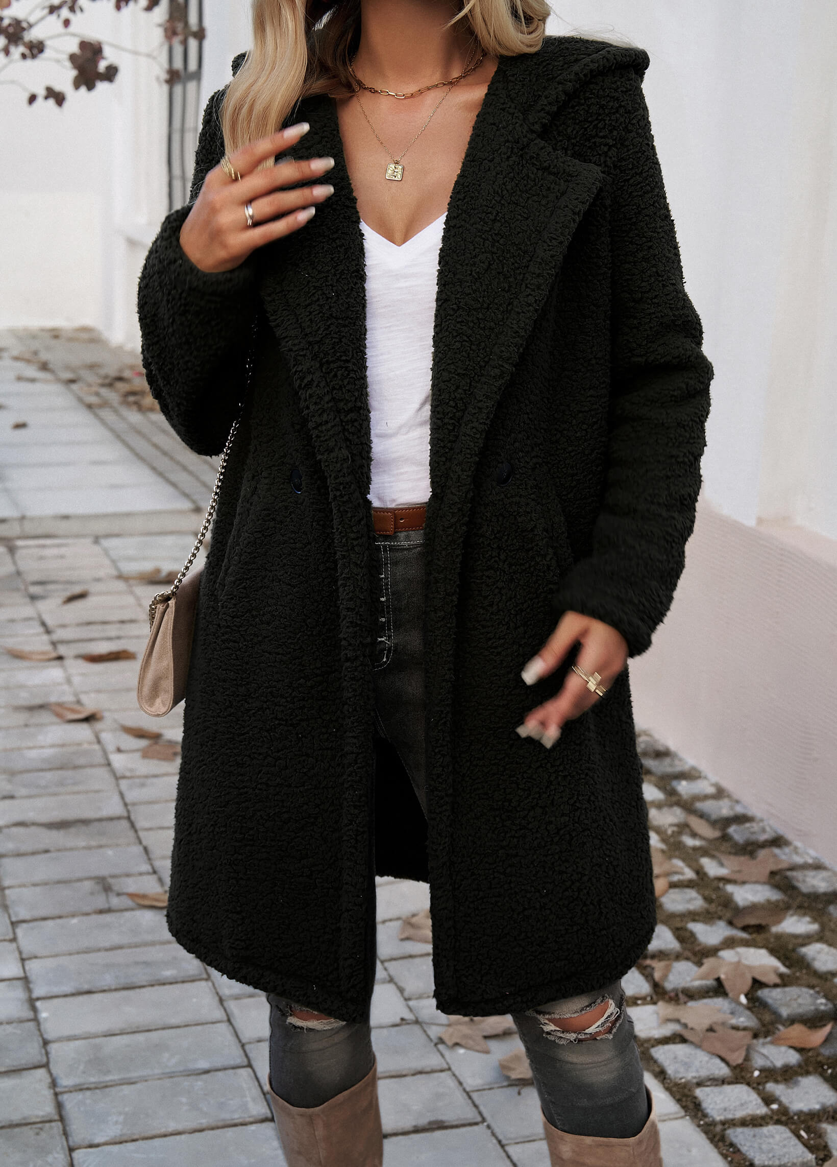 Emma | Black Teddy Longline Pocketed Coat