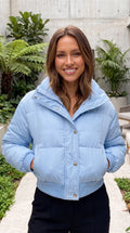 Mia | Blue Quilted High-Collar Cropped Jacket