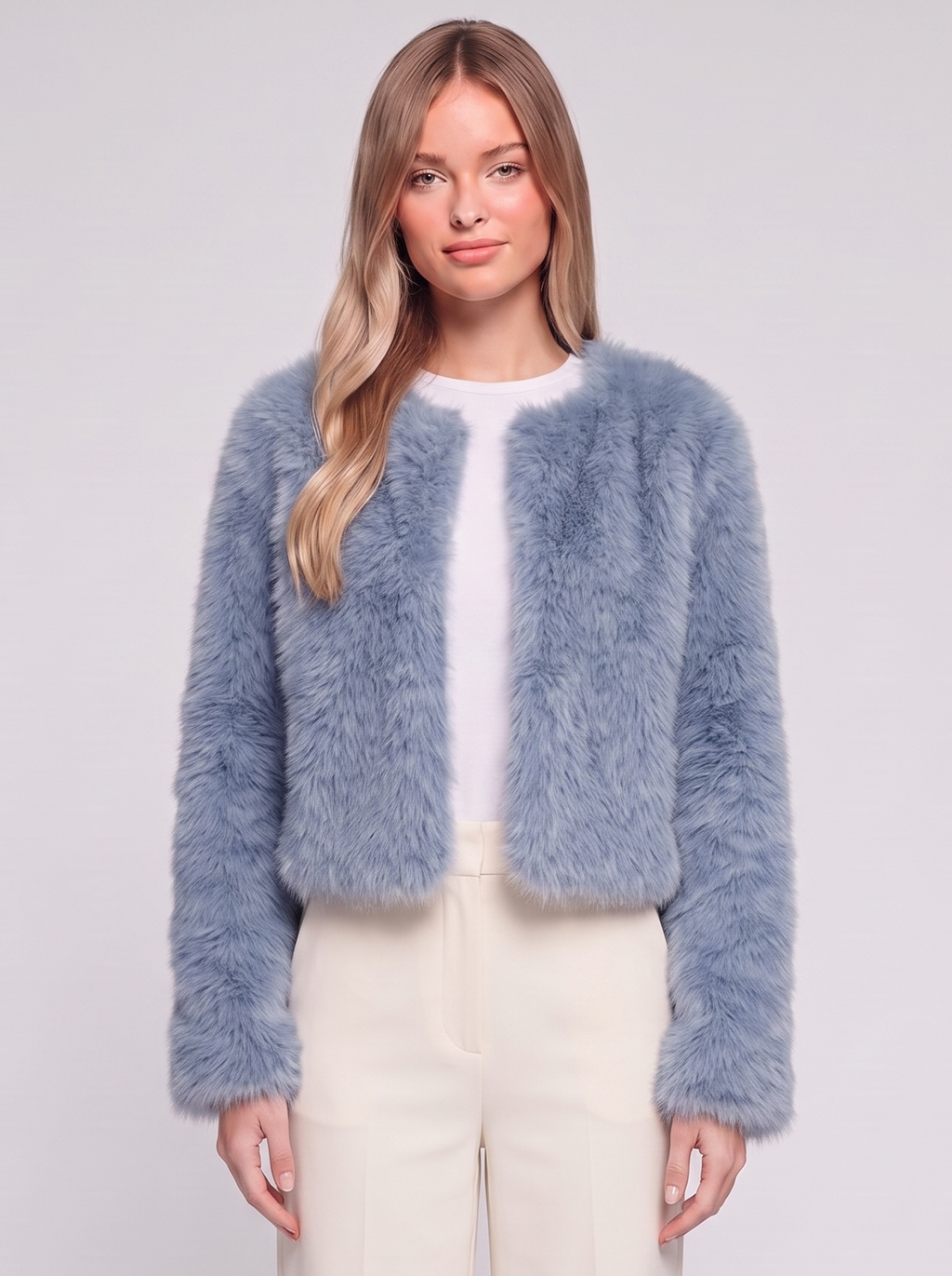Emma Blue Cropped Faux Fur Jacket - front