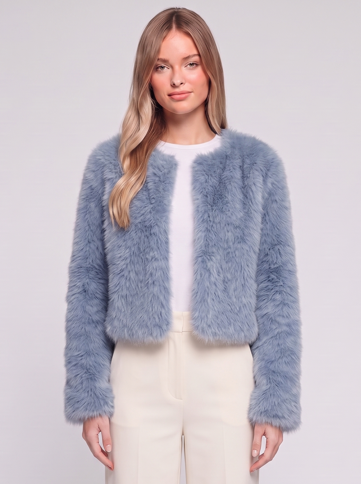 Emma Blue Cropped Faux Fur Jacket - front