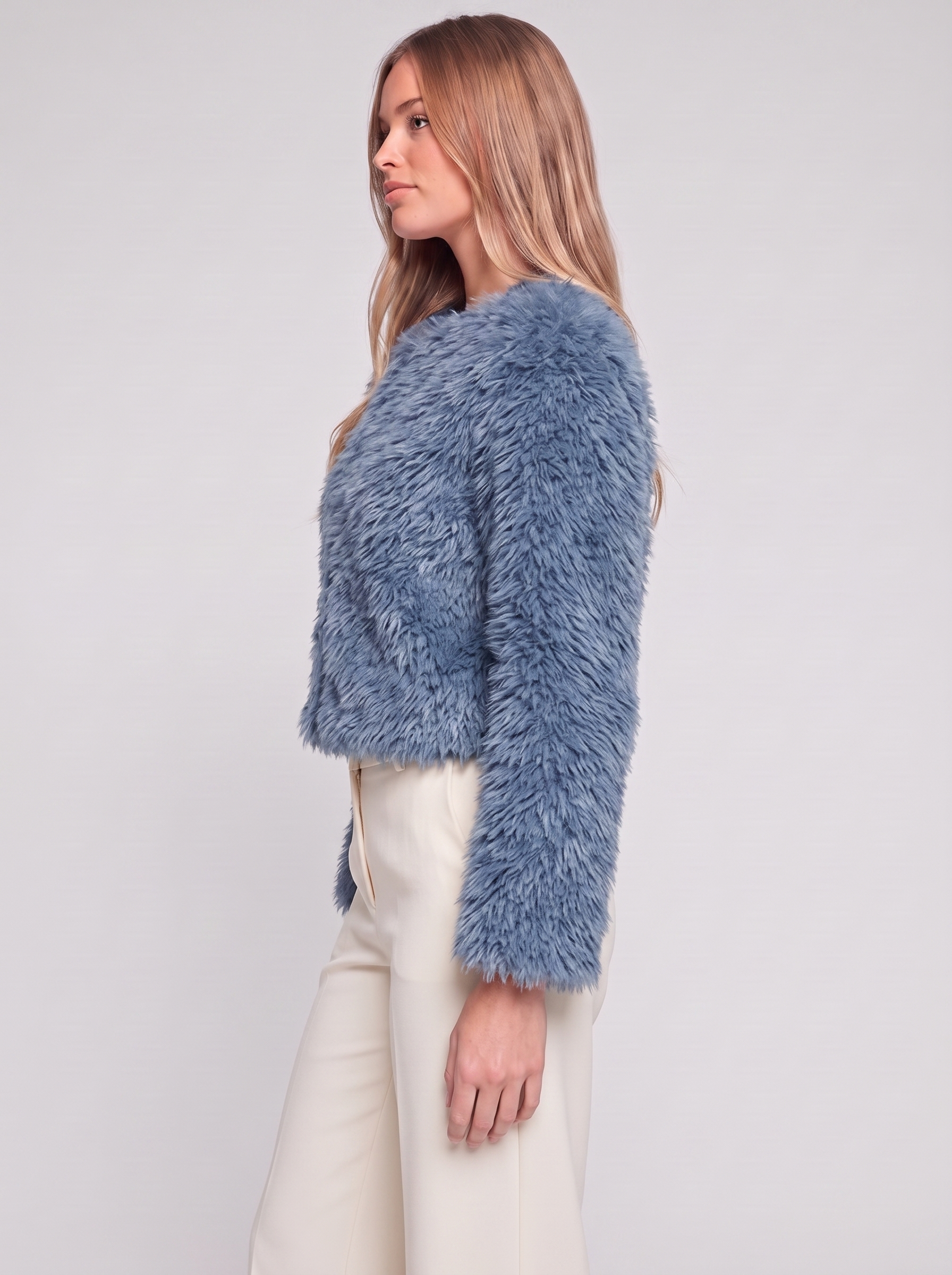 Emma Blue Cropped Faux Fur Jacket - side