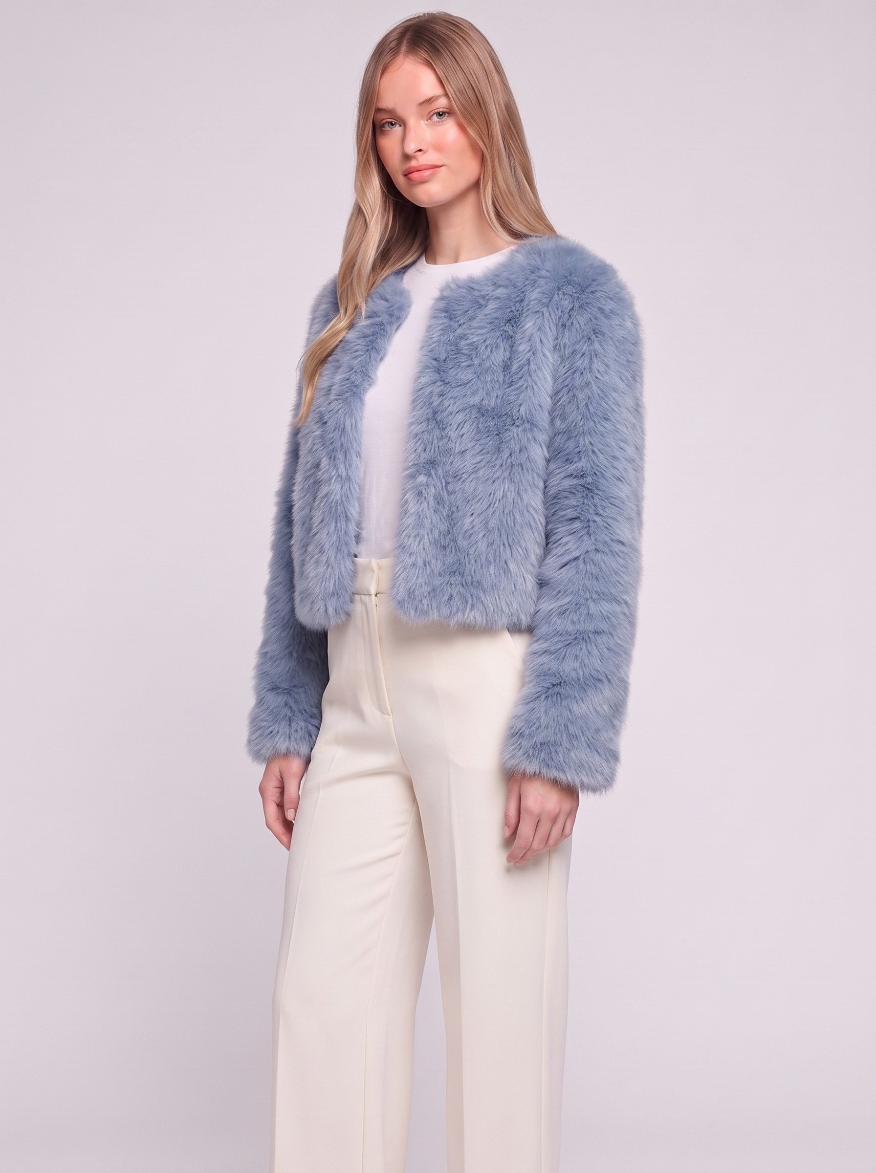 Emma Blue Cropped Faux Fur Jacket - three quarter