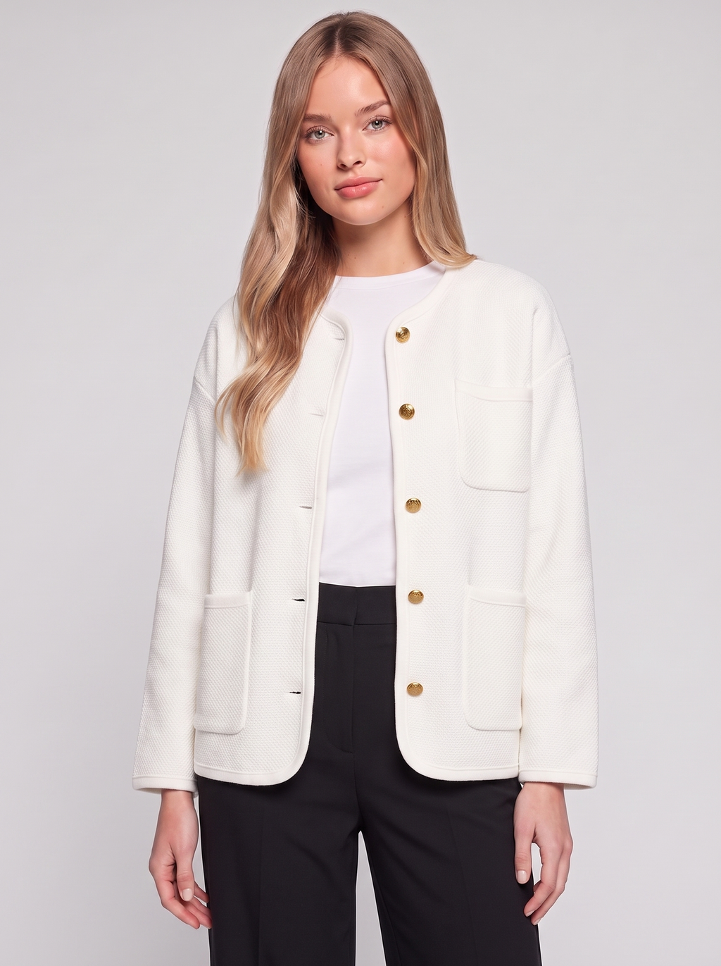 Emma White Buttoned Pocketed Jacket - front