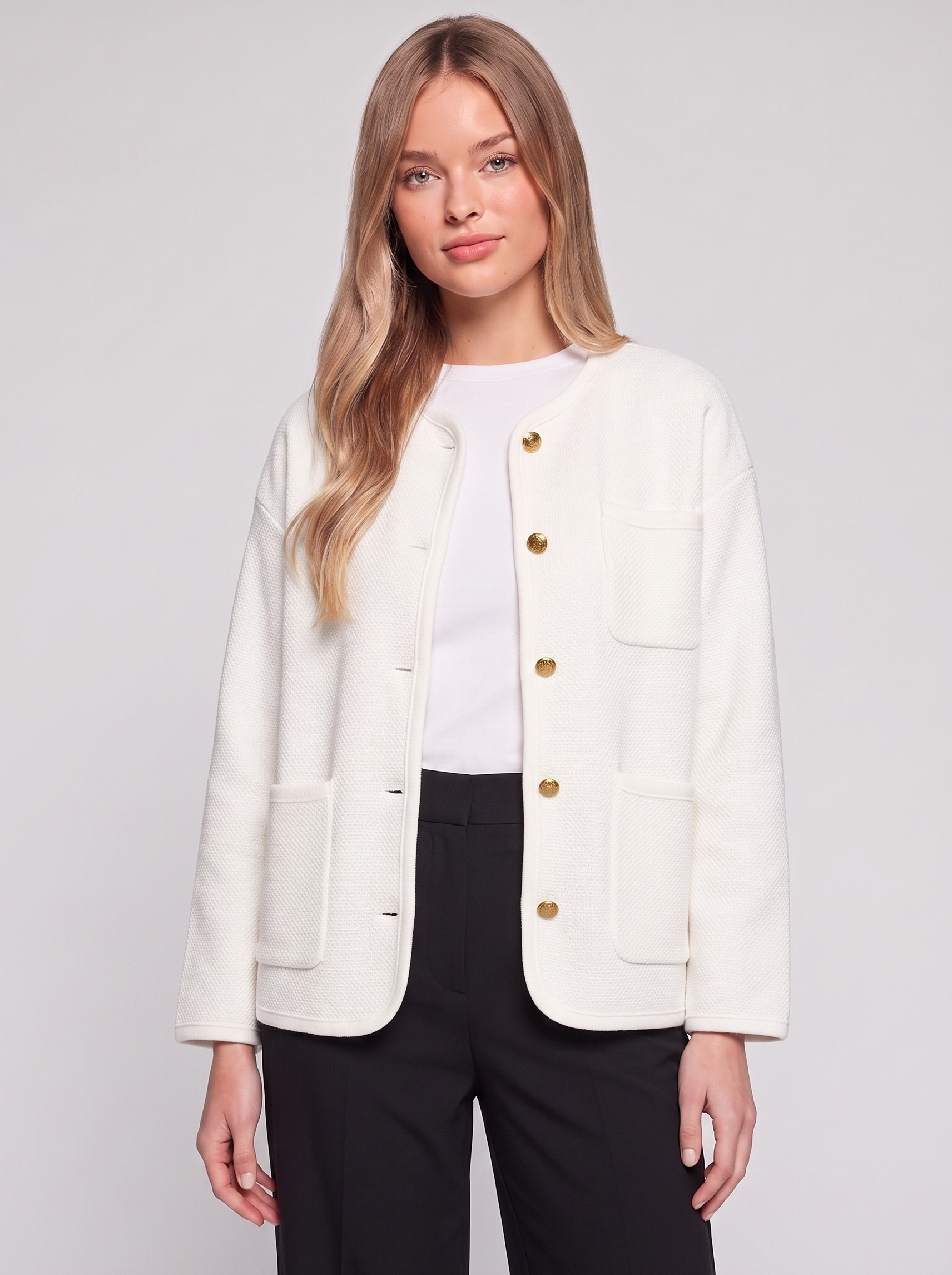 Emma White Buttoned Pocketed Jacket - front