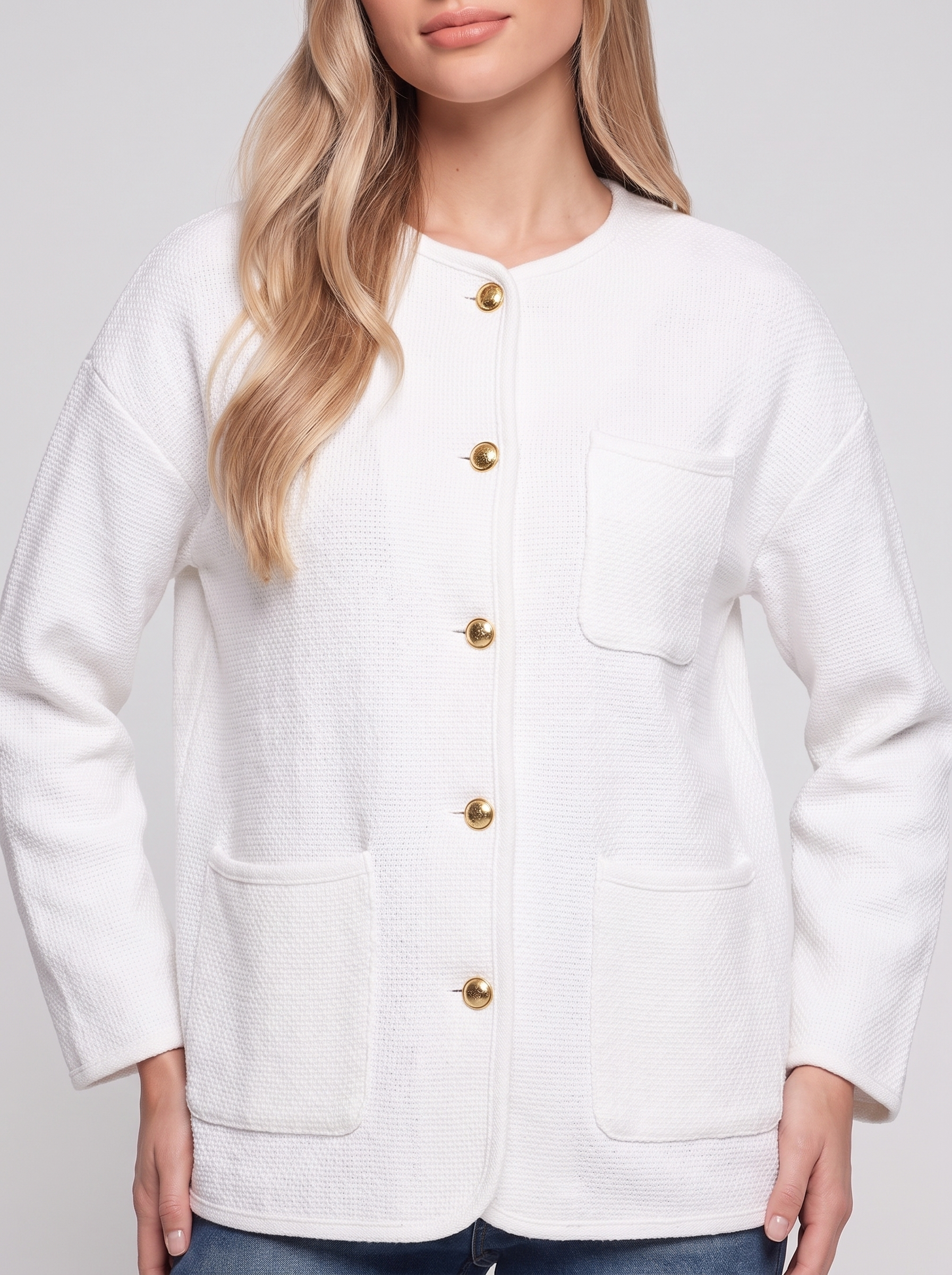 Emma White Buttoned Pocketed Jacket - close up